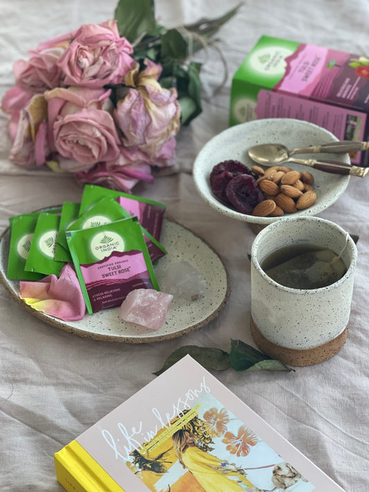 Organic India Tulsi Sweet Rose, Tulsi tea, organic tea, tulsi, herbal tea, herbal infusions, sleep tea, turmeric tea, ashwagandha, holy basil, holy basil tea, green tea, lemon ginger tea, tea for sleep, moringa, ORGANIC INDIA, ORGANIC INDIA Australia, herbal supplements