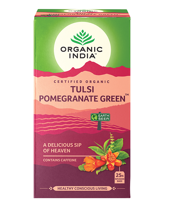 Organic India Tulsi Pomgranate Green, Tulsi tea, organic tea, tulsi, herbal tea, herbal infusions, sleep tea, turmeric tea, ashwagandha, holy basil, holy basil tea, green tea, lemon ginger tea, tea for sleep, moringa, ORGANIC INDIA, ORGANIC INDIA Australia, herbal supplements
