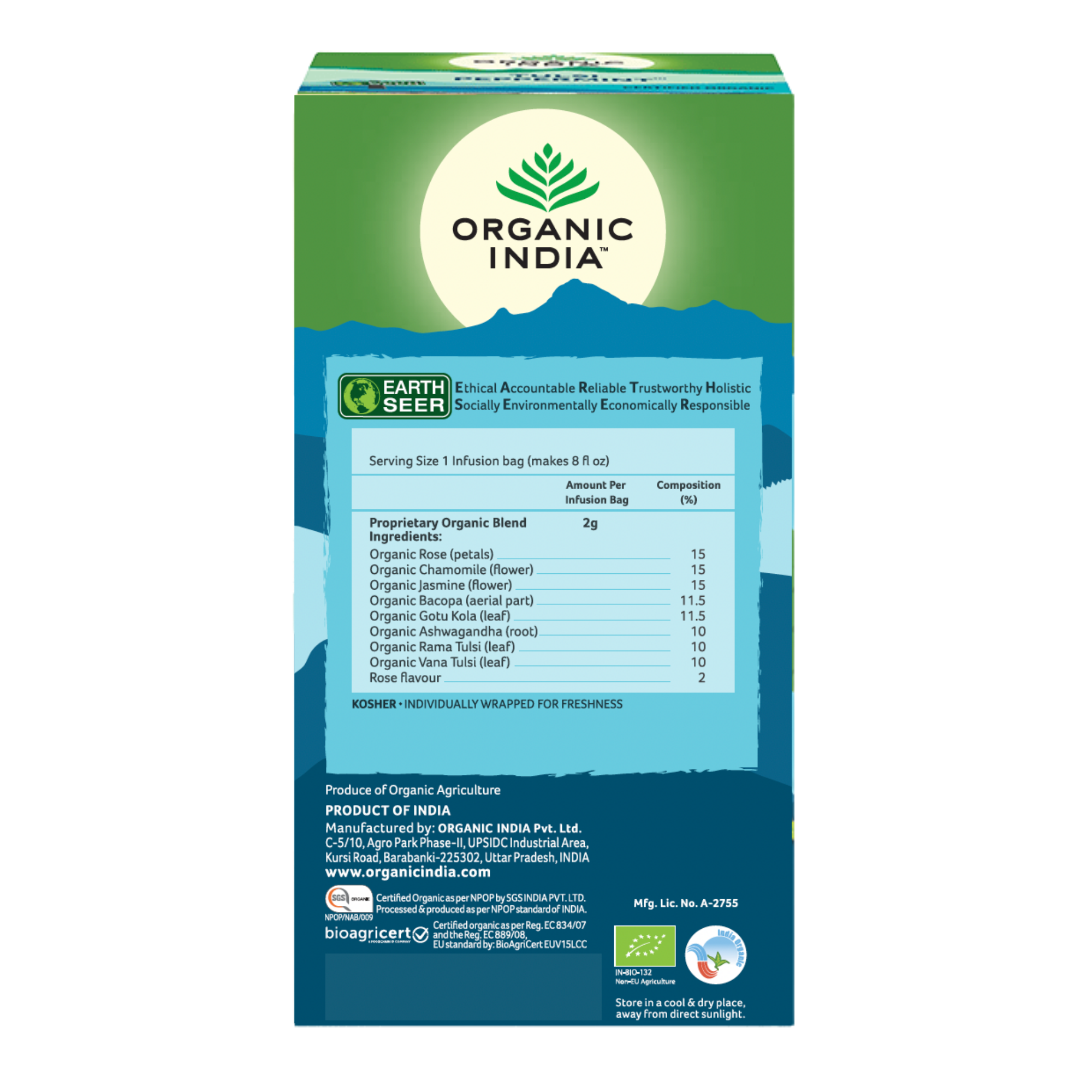 Organic India product packaging with green and blue design on a white background