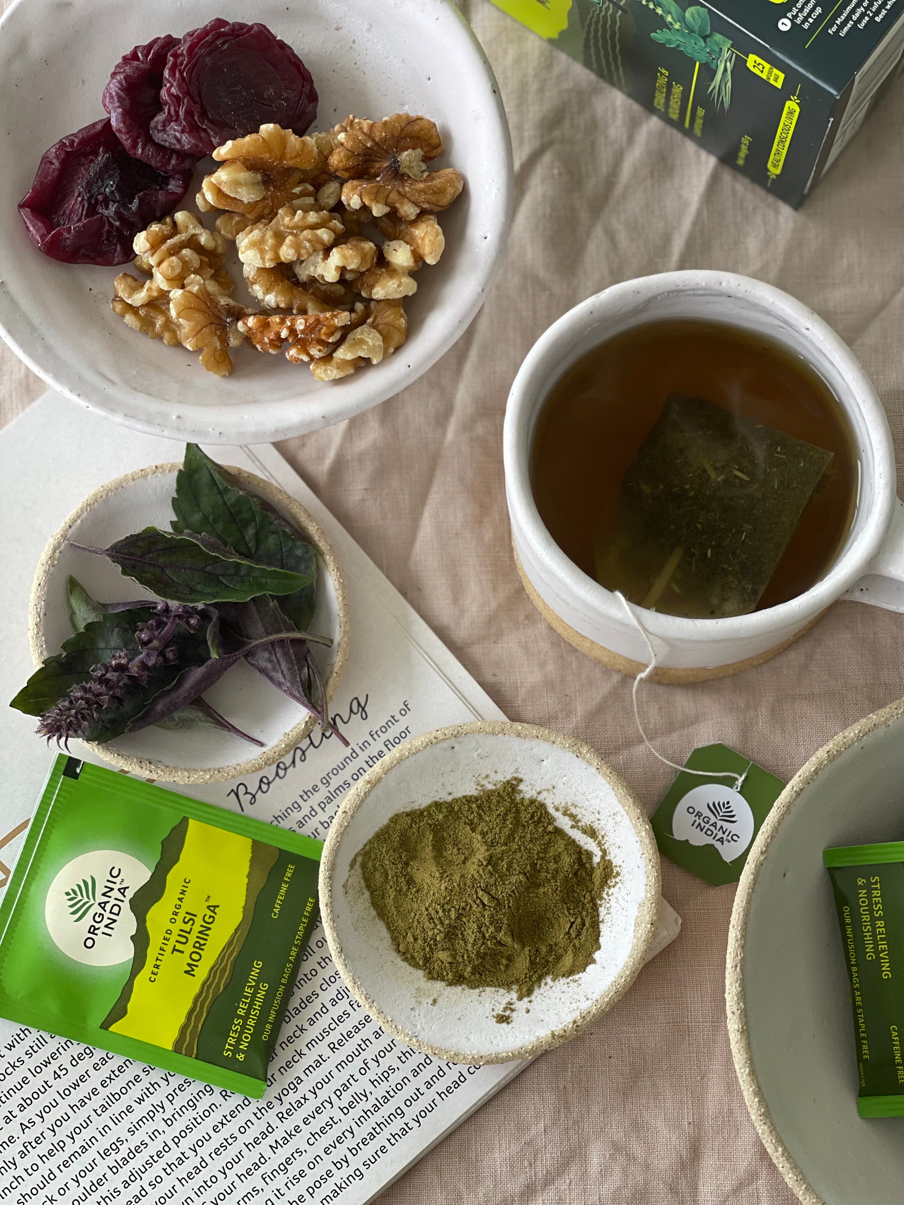 Tulsi Moringa, Tulsi tea, organic tea, tulsi, herbal tea, herbal infusions, sleep tea, turmeric tea, ashwagandha, holy basil, holy basil tea, green tea, lemon ginger tea, tea for sleep, moringa, ORGANIC INDIA, ORGANIC INDIA Australia, herbal supplements
