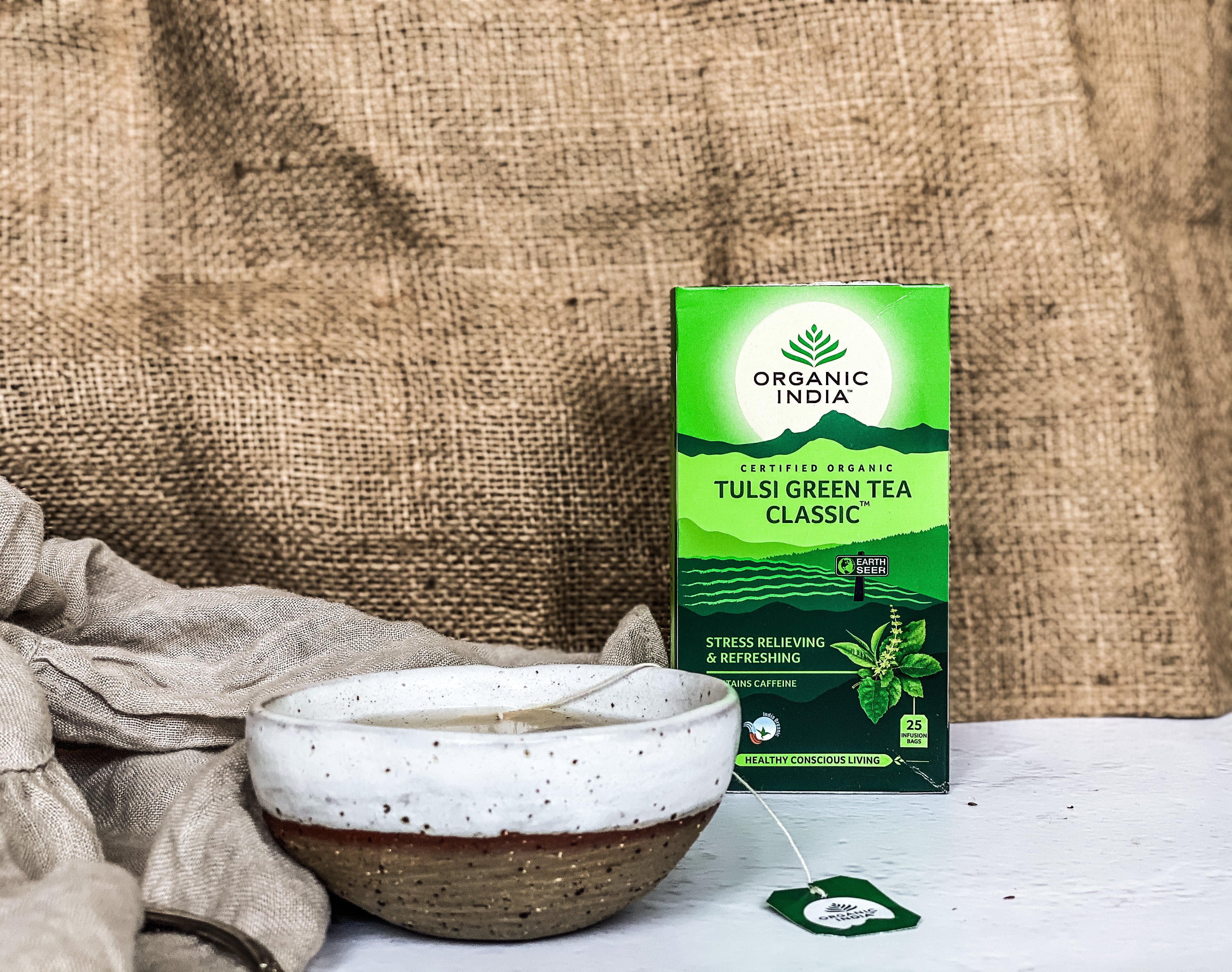 Organic India Tulsi Green Tea Classic, Tulsi tea, organic tea, tulsi, herbal tea, herbal infusions, sleep tea, turmeric tea, ashwagandha, holy basil, holy basil tea, green tea, lemon ginger tea, tea for sleep, moringa, ORGANIC INDIA, ORGANIC INDIA Australia, herbal supplements