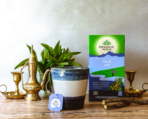 Organic India Tulsi Lax, Tulsi tea, organic tea, tulsi, herbal tea, herbal infusions, sleep tea, turmeric tea, ashwagandha, holy basil, holy basil tea, green tea, lemon ginger tea, tea for sleep, moringa, ORGANIC INDIA, ORGANIC INDIA Australia, herbal supplements
