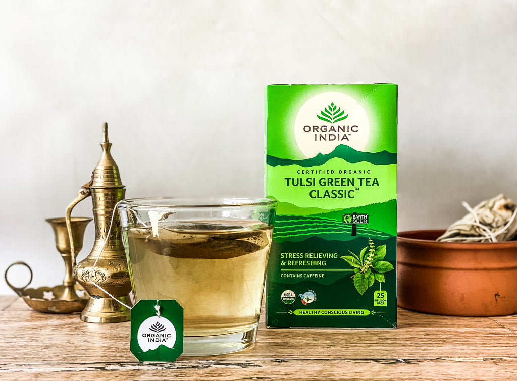Organic India Tulsi Green Tea Classic, Tulsi tea, organic tea, tulsi, herbal tea, herbal infusions, sleep tea, turmeric tea, ashwagandha, holy basil, holy basil tea, green tea, lemon ginger tea, tea for sleep, moringa, ORGANIC INDIA, ORGANIC INDIA Australia, herbal supplements