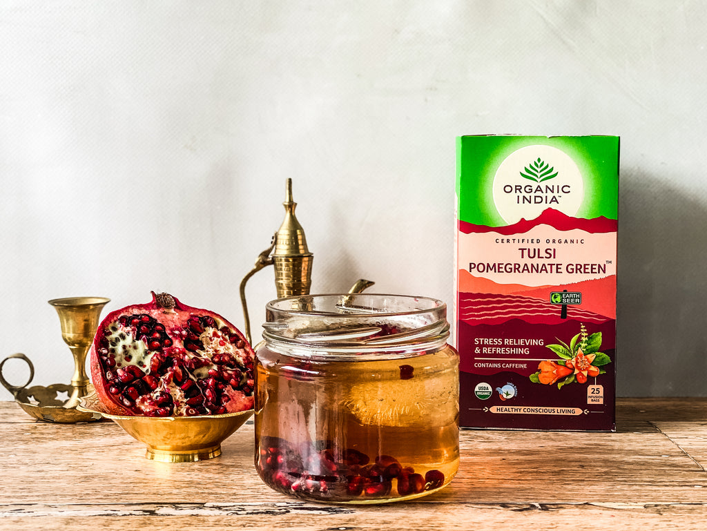 Organic India Tulsi Pomgranate Green, Tulsi tea, organic tea, tulsi, herbal tea, herbal infusions, sleep tea, turmeric tea, ashwagandha, holy basil, holy basil tea, green tea, lemon ginger tea, tea for sleep, moringa, ORGANIC INDIA, ORGANIC INDIA Australia, herbal supplements
