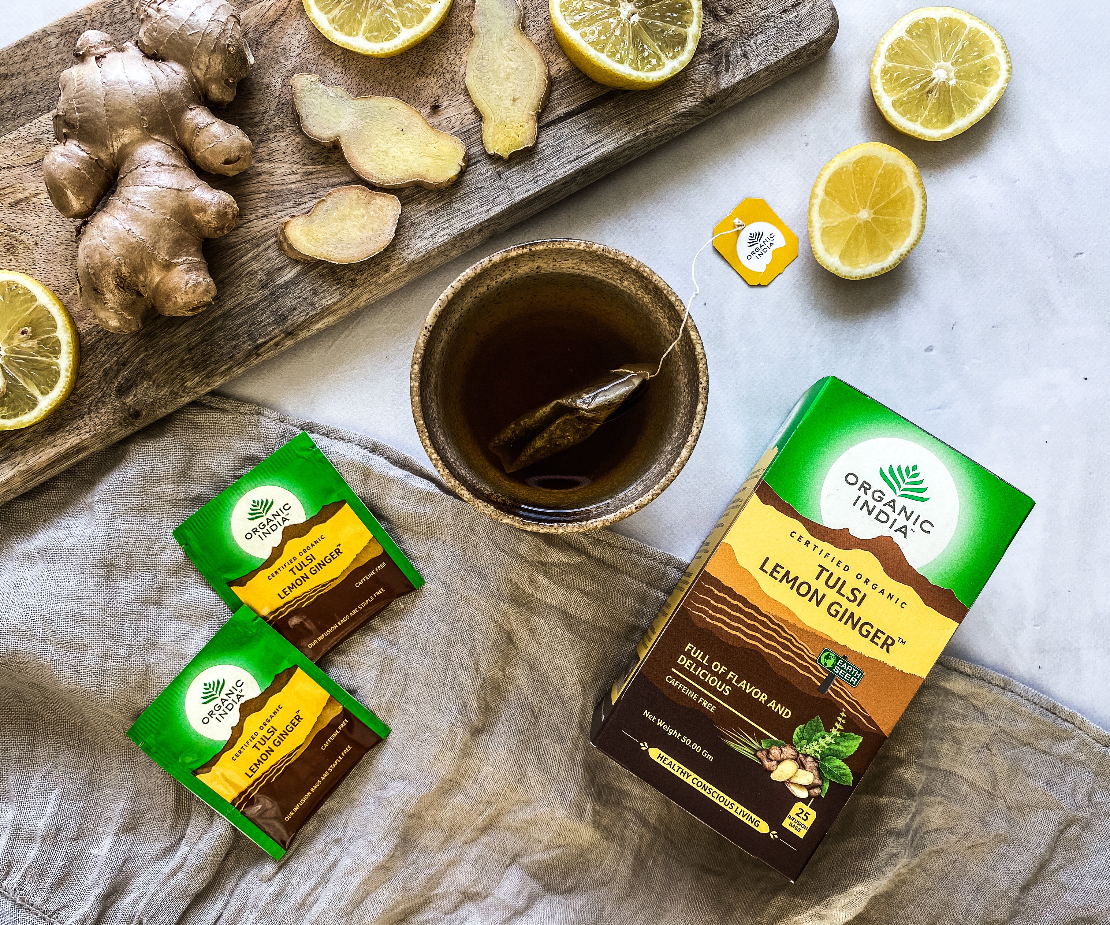 Organic India Tulsi Lemon Ginger, Tulsi tea, organic tea, tulsi, herbal tea, herbal infusions, sleep tea, turmeric tea, ashwagandha, holy basil, holy basil tea, green tea, lemon ginger tea, tea for sleep, moringa, ORGANIC INDIA, ORGANIC INDIA Australia, herbal supplements