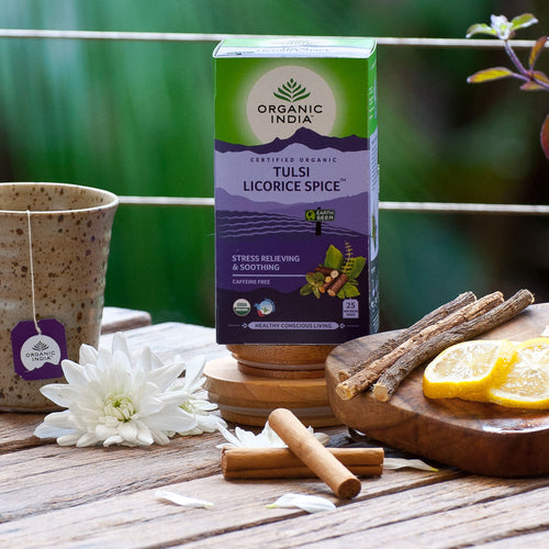 Tulsi Licorice Spice, Tulsi tea, organic tea, tulsi, herbal tea, herbal infusions, sleep tea, turmeric tea, ashwagandha, holy basil, holy basil tea, green tea, lemon ginger tea, tea for sleep, moringa, ORGANIC INDIA, ORGANIC INDIA Australia, herbal supplements