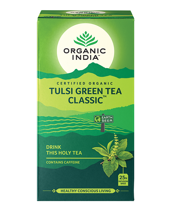 Organic India Tulsi Green Tea Classic, Tulsi tea, organic tea, tulsi, herbal tea, herbal infusions, sleep tea, turmeric tea, ashwagandha, holy basil, holy basil tea, green tea, lemon ginger tea, tea for sleep, moringa, ORGANIC INDIA, ORGANIC INDIA Australia, herbal supplements